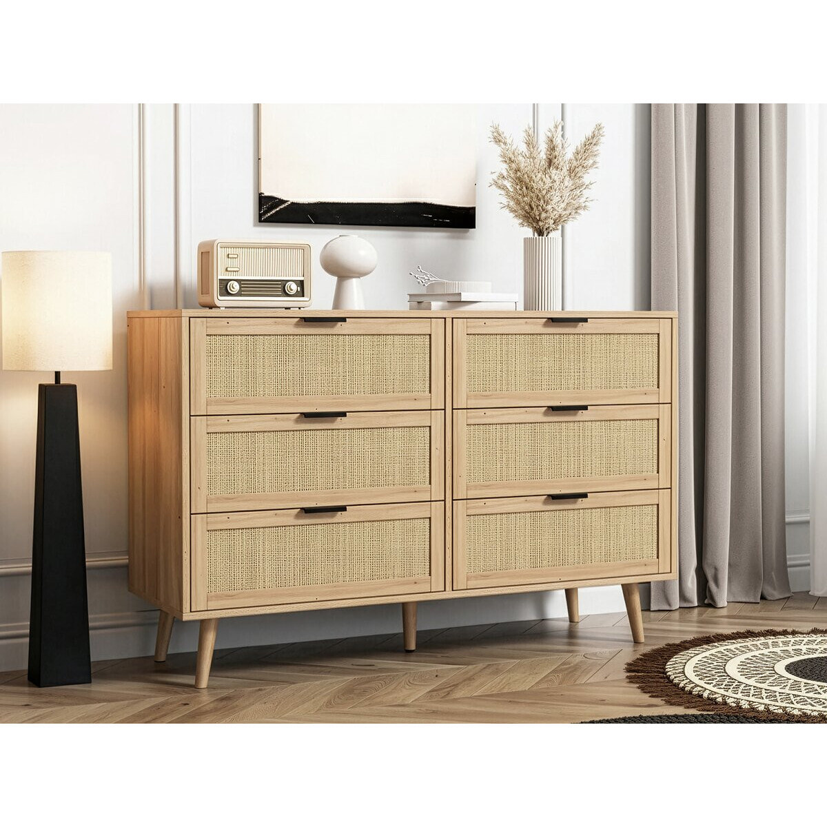 Commode en bois et cannage "Preston" - 120 x 40 x 75 cm - Beige