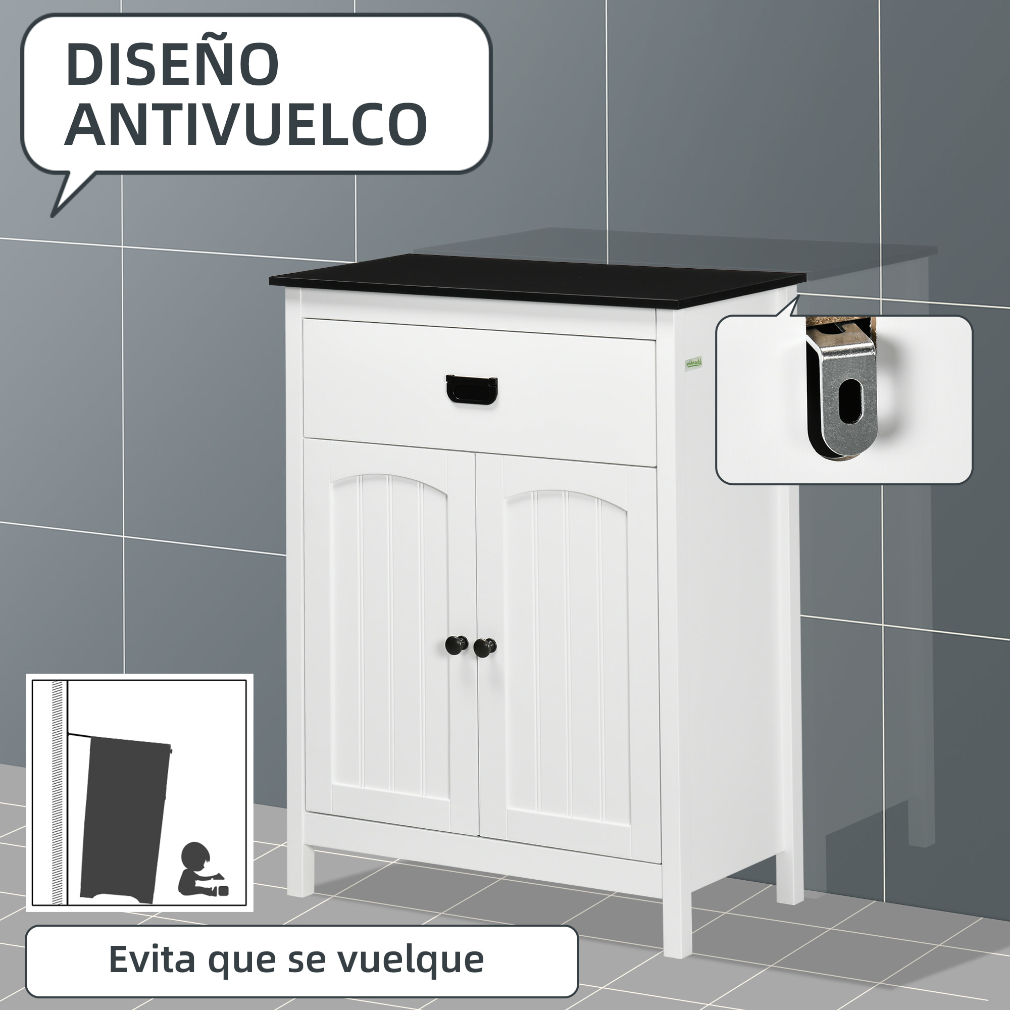 Armario Auxiliar de Baño Mueble de Baño Auxiliar con 1 Cajón 2 Puertas y Estante Ajustable para Lavabo Ducha Estilo Moderno 60x30x80 cm Blanco