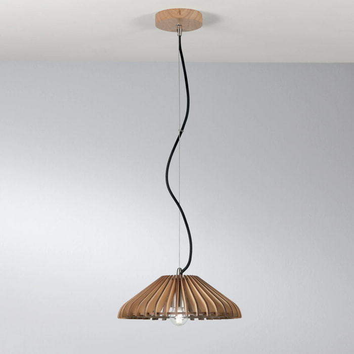 Lampadario a sospensione CALDER in legno naturale con cavo in tessuto 30 cm.