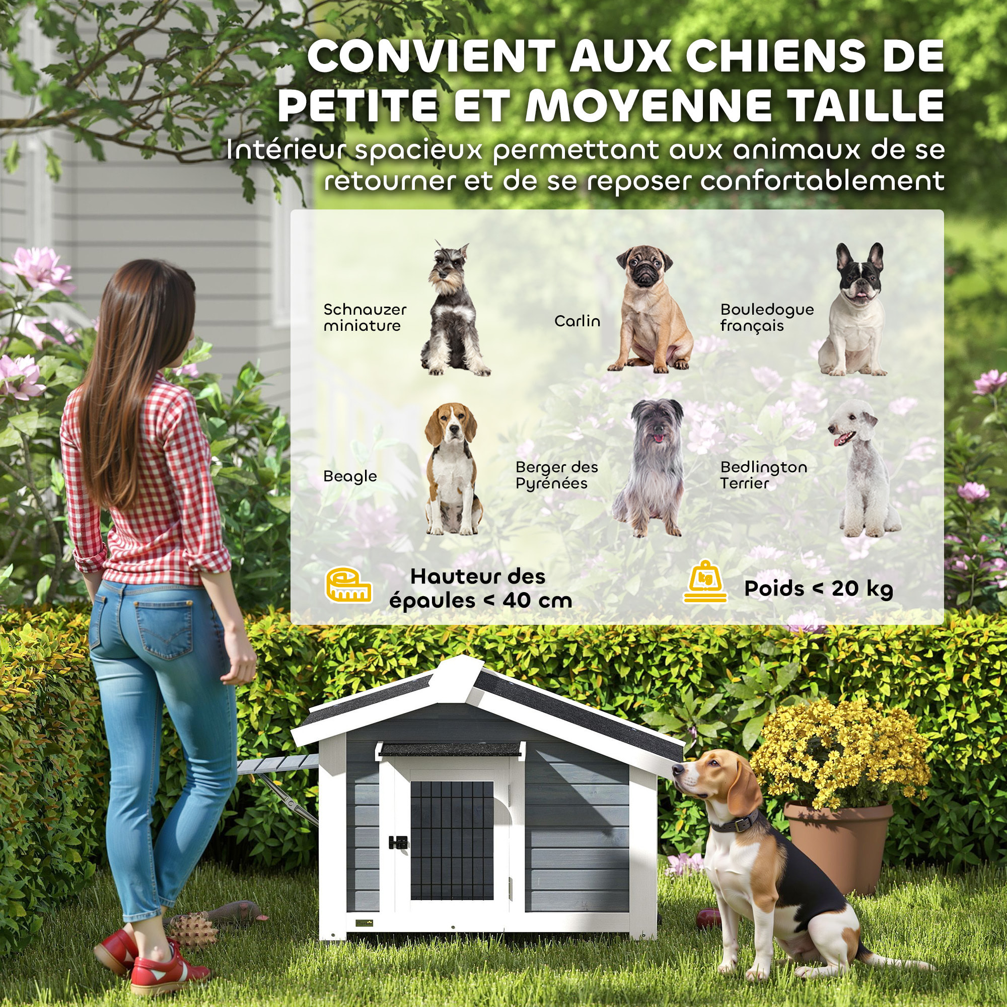 Niche chien bois sur pieds - porte verrouillable, fenêtre volet - marquise et toit bitumé