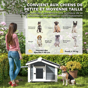 Niche chien bois sur pieds - porte verrouillable, fenêtre volet - marquise et toit bitumé