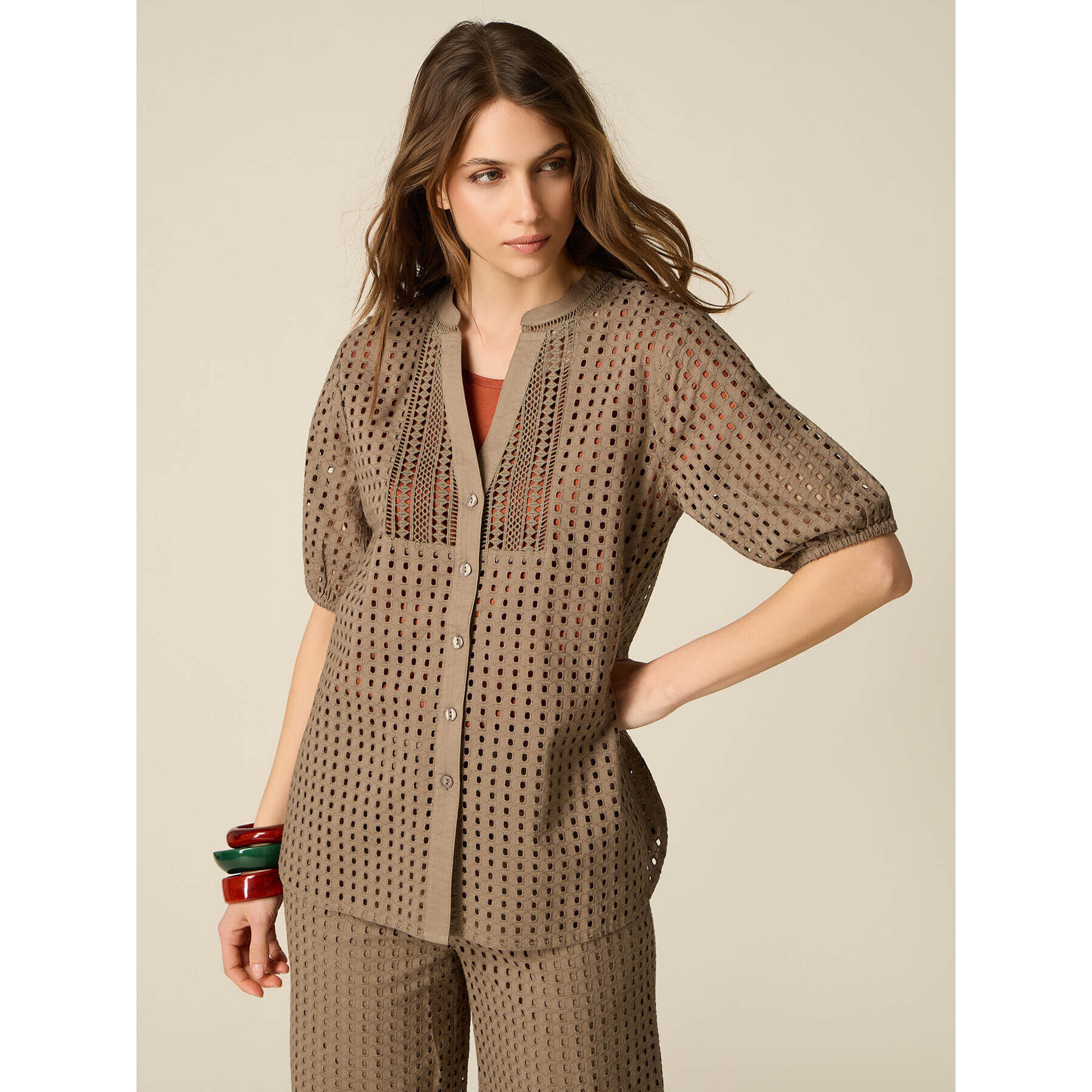 Oltre - Camicia in cotone traforato - Verde militare