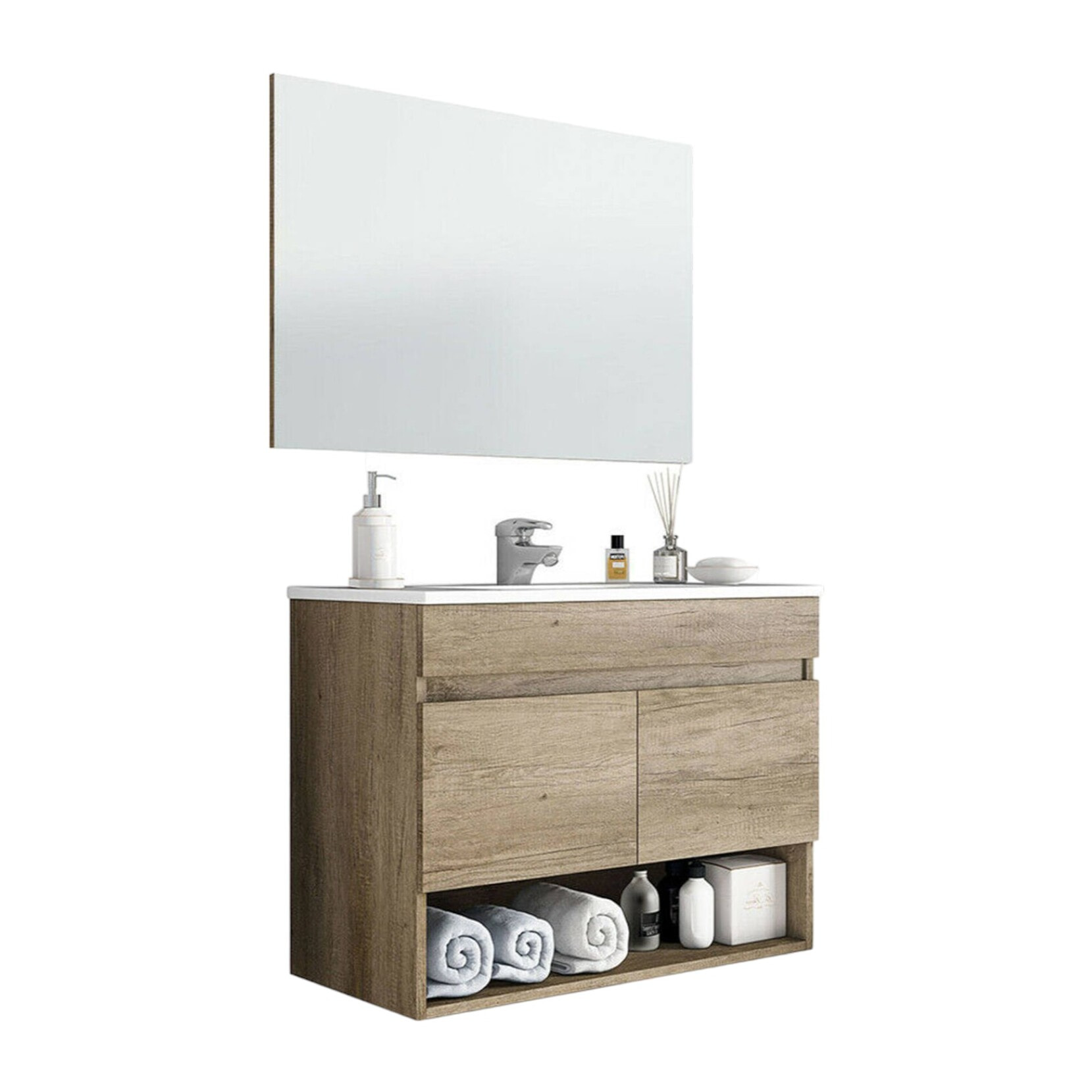 Mobile sottolavabo Shreveport, Mobiletto per bagno a 2 ante, Armadietto sospeso con ripiano e specchio, lavabo non incluso, cm 80x45h64, Quercia