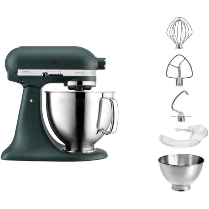 Robot pâtissier KITCHENAID 5KSM185PSEPP Artisan vert sapin, 4,8 L, accessoires inox, bol 3L, couvercle antiprojections
