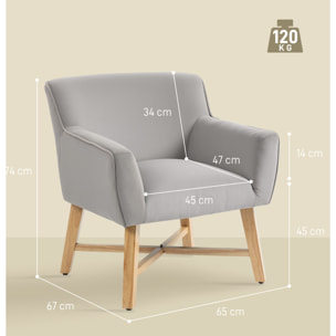 Butaca de Salón Tapizada en Terciopelo, Sillón de Salón Moderno Acolchado, Patas de Madera, Reposabrazos, Base Cruzada, Sillón Relax para Dormitorio, Oficina, Estudio, 67x65x74 cm, Gris Claro