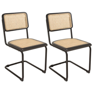 PIERRE - Lot de 2 chaises assise bois noir/rotin naturel pieds métal