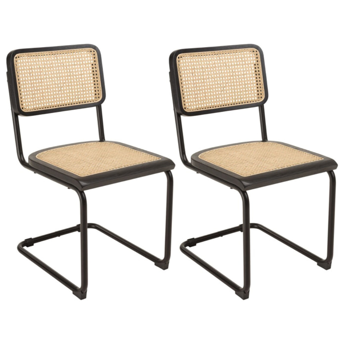PIERRE - Lot de 2 chaises assise bois noir/rotin naturel pieds métal