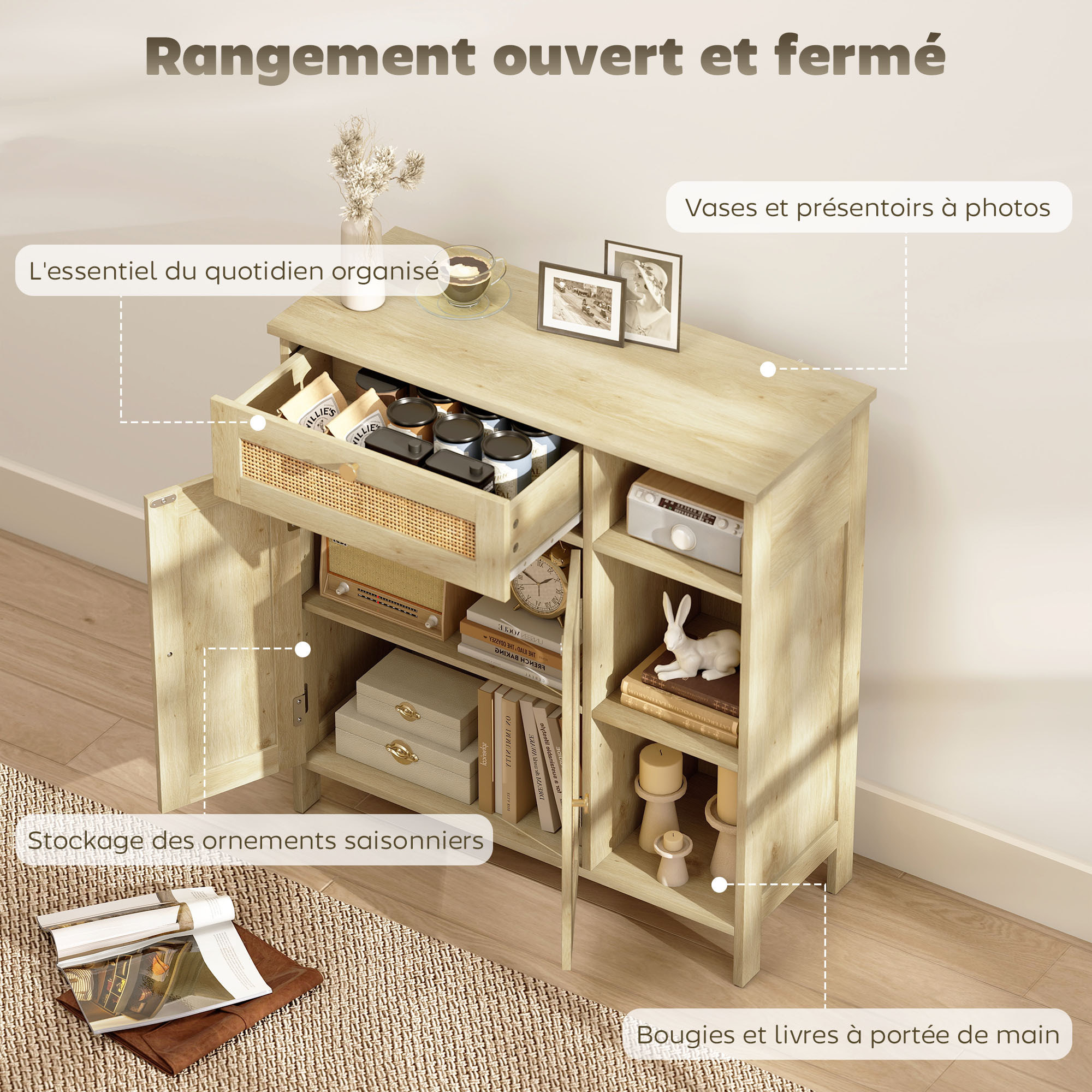Buffet style bohème naturel - 2 portes, étagère, 3 niches, tiroir - rotin effet bois clair
