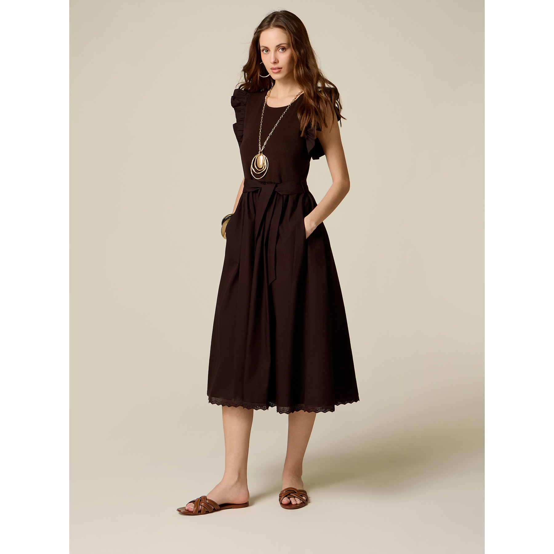 Oltre - Vestito flare bimaterico - Marrone