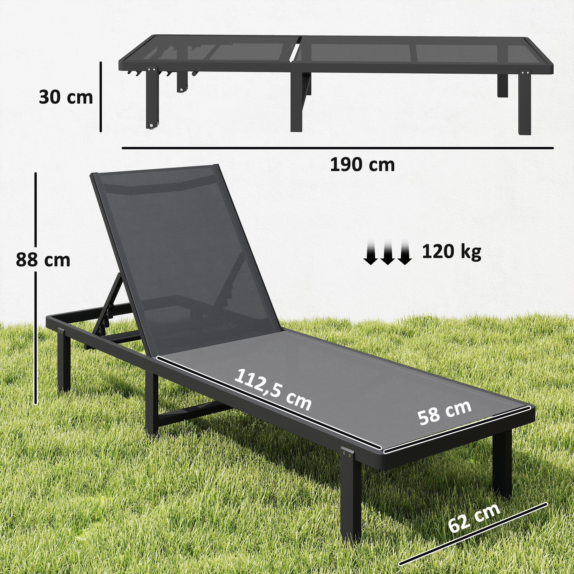 Pack de 2 Tumbonas de Jardín Exterior, Tumbonas Reclinables con Ruedas, Respaldo Ajustable de 4 Niveles, Estructura de Aluminio y Tela Textilene, Resistentes, para Playa, Piscina, Gris Oscuro