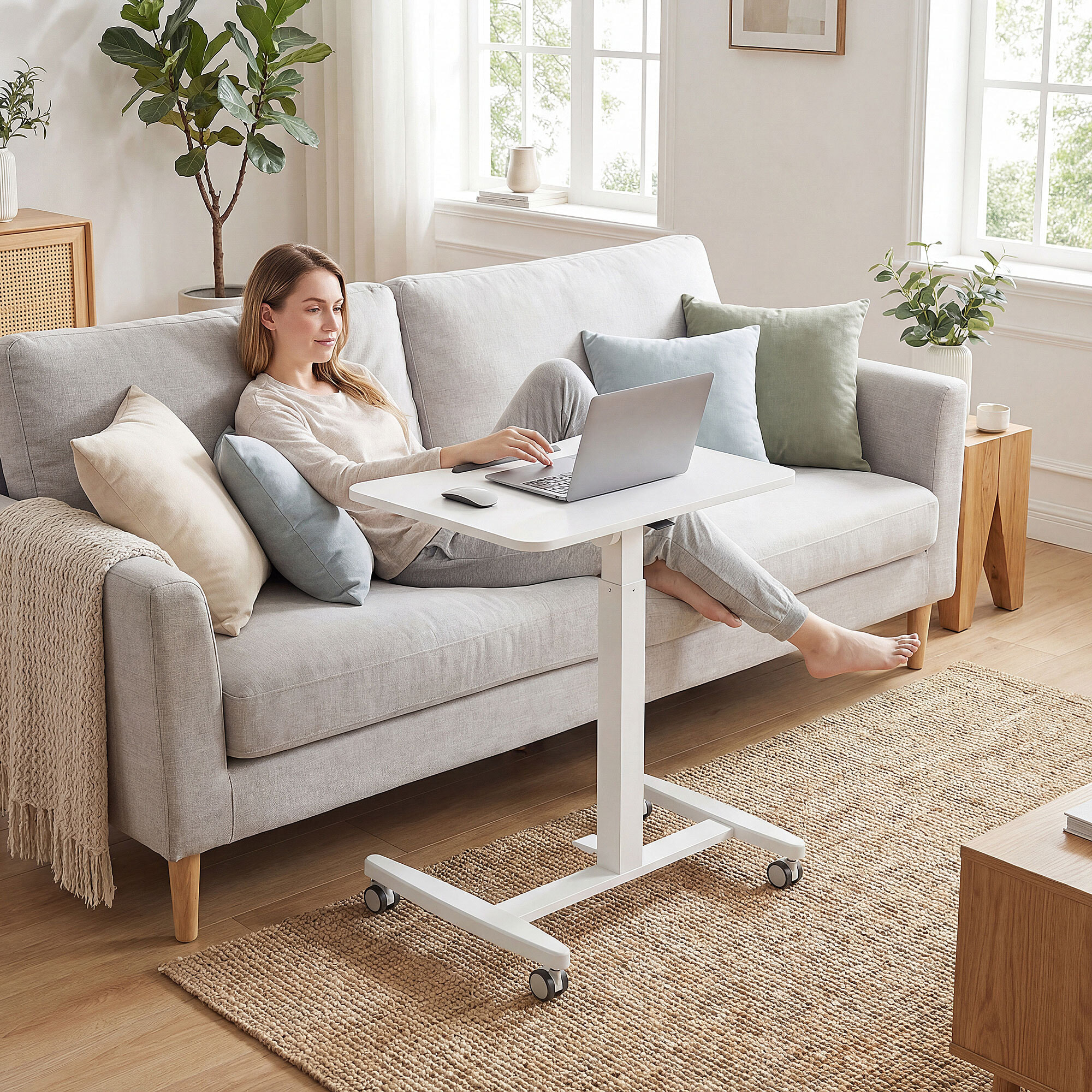 Bureau assis-debout mobile réglable table de lit 2 en 1 plateau inclinable blanc