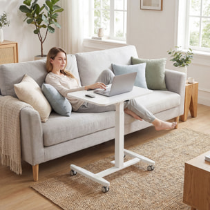 Bureau assis-debout mobile réglable table de lit 2 en 1 plateau inclinable blanc