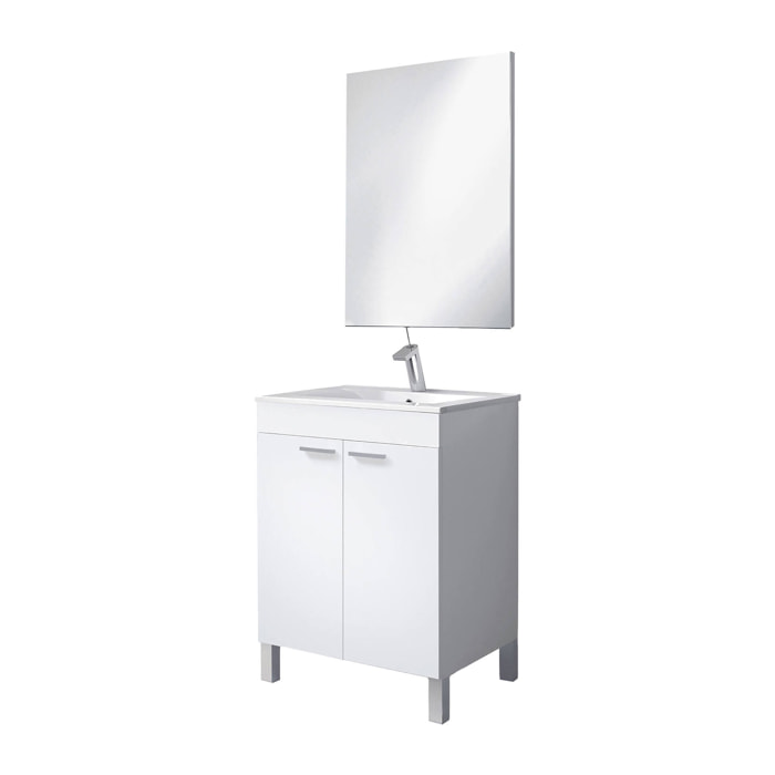 Mobile sottolavabo Naperville, Mobiletto per bagno, Armadio a 2 ante con specchio, lavabo non incluso, cm 60x45h80, Bianco lucido