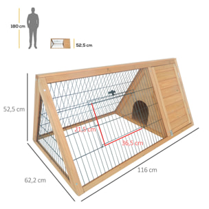 Clapier triangulaire de sol enclos extérieur niche double porte dim. 116L x 62l x 53H cm bois massif pin