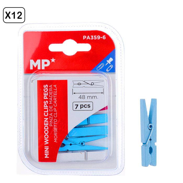 12 packs de PINZA MADERA DE COLORES 48 mm 7 Uds.