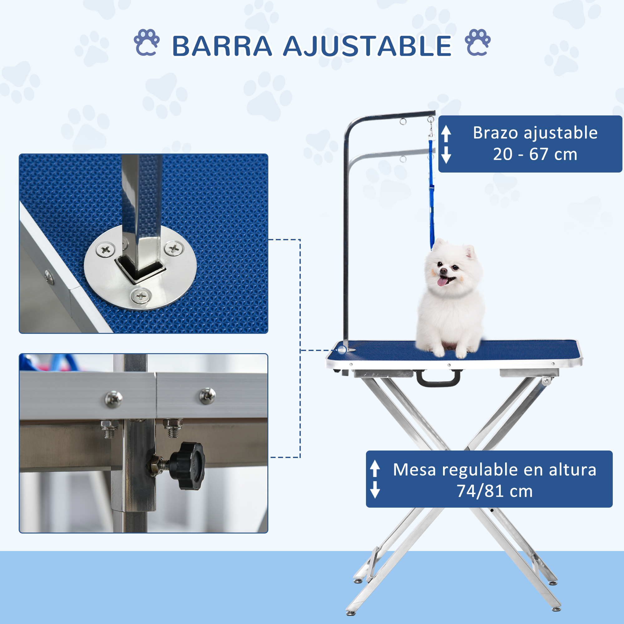 Mesa de Peluquería para Mascotas Mesa de Aseo Altura Regulable con Encimera Antideslizante Patas Plegables de Acero Inoxidable Asa y Brazo con Altura Ajustable 72x45x74-81 cm Azul