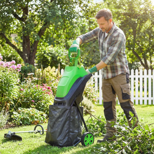 Trituradora de Ramas Eléctrica 2500W, Trituradora de Jardín con 2 Cuchillas Reversibles hasta Ø44 mm de Ramas, Bolsa de Recolección de 45L, Ruedas y Protección de Sobrecarga, Verde