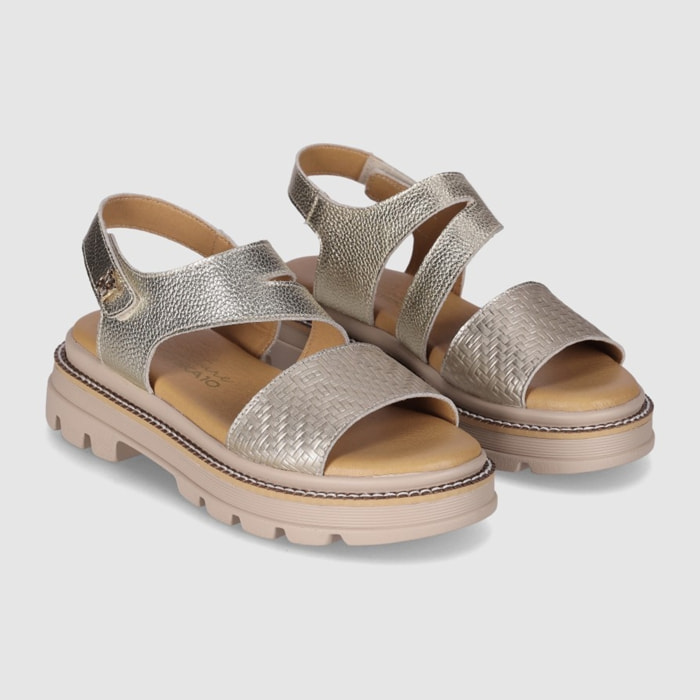 Sandalias de Piel - Platino - Tacón: Bajo