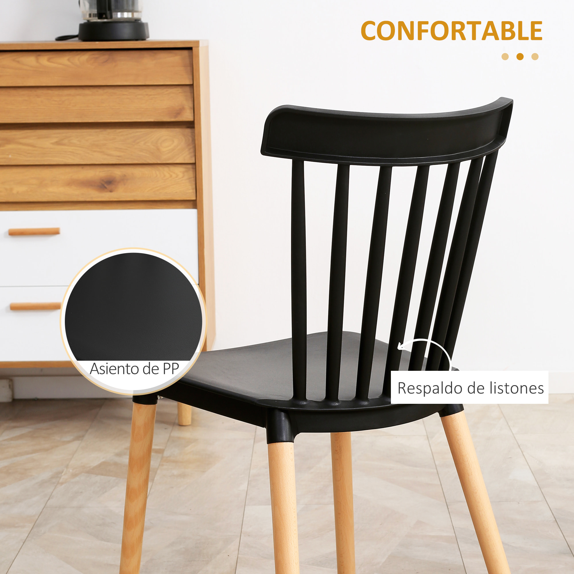 HOMCOM Juego de 4 Sillas de Comedor Estilo Nórdico Sillas de Cocina con Respaldo Alto Asiento de Polipropileno y Patas de Madera de Haya Carga 120 kg 43x52,5x83 cm Negro