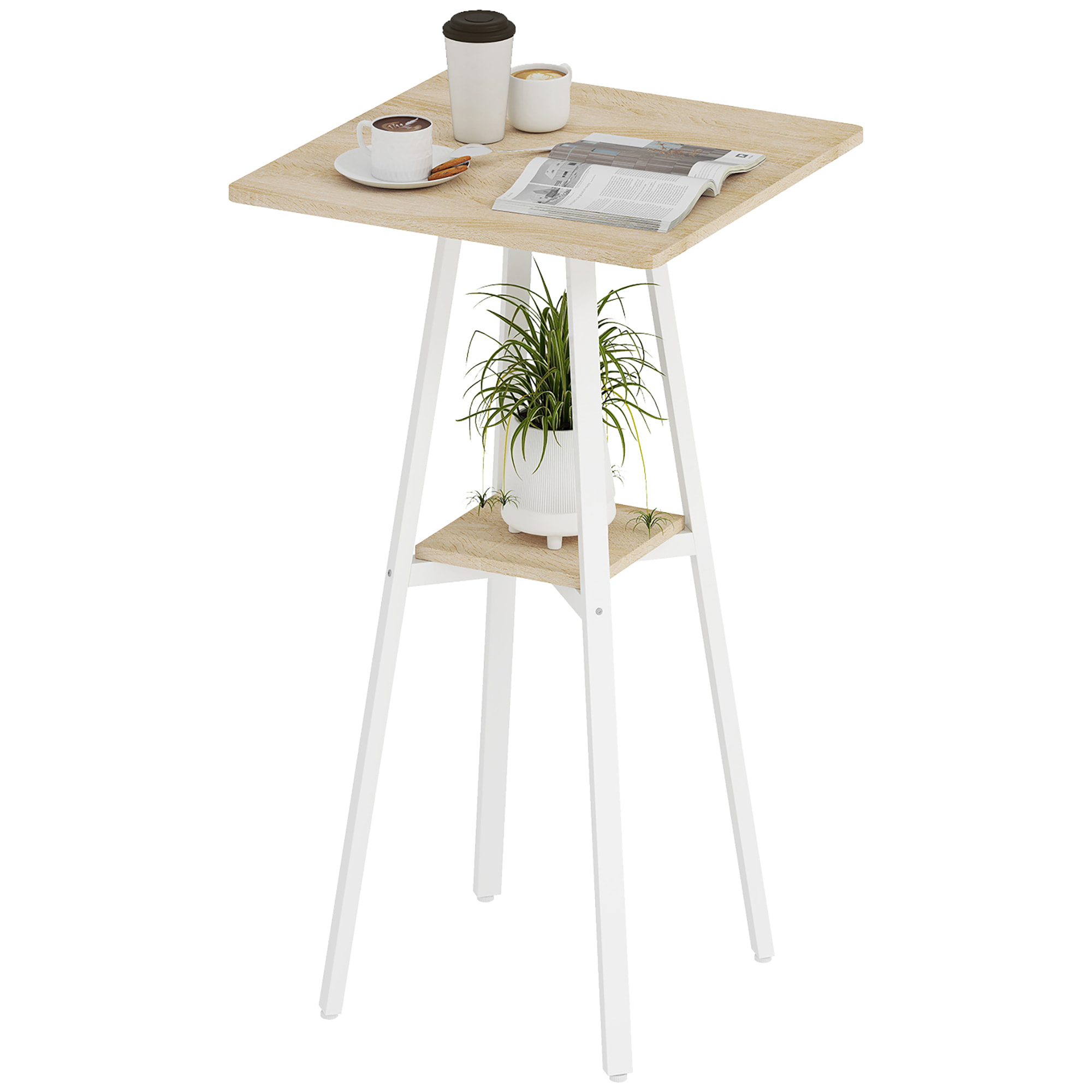 Mesa Alta Cocina Cuadrada con Estante, Mesa Alta Bar para 2 Personas, Patas de Metal, para Salón Comedor, 55x55x95 cm, Madera Natural y Blanco