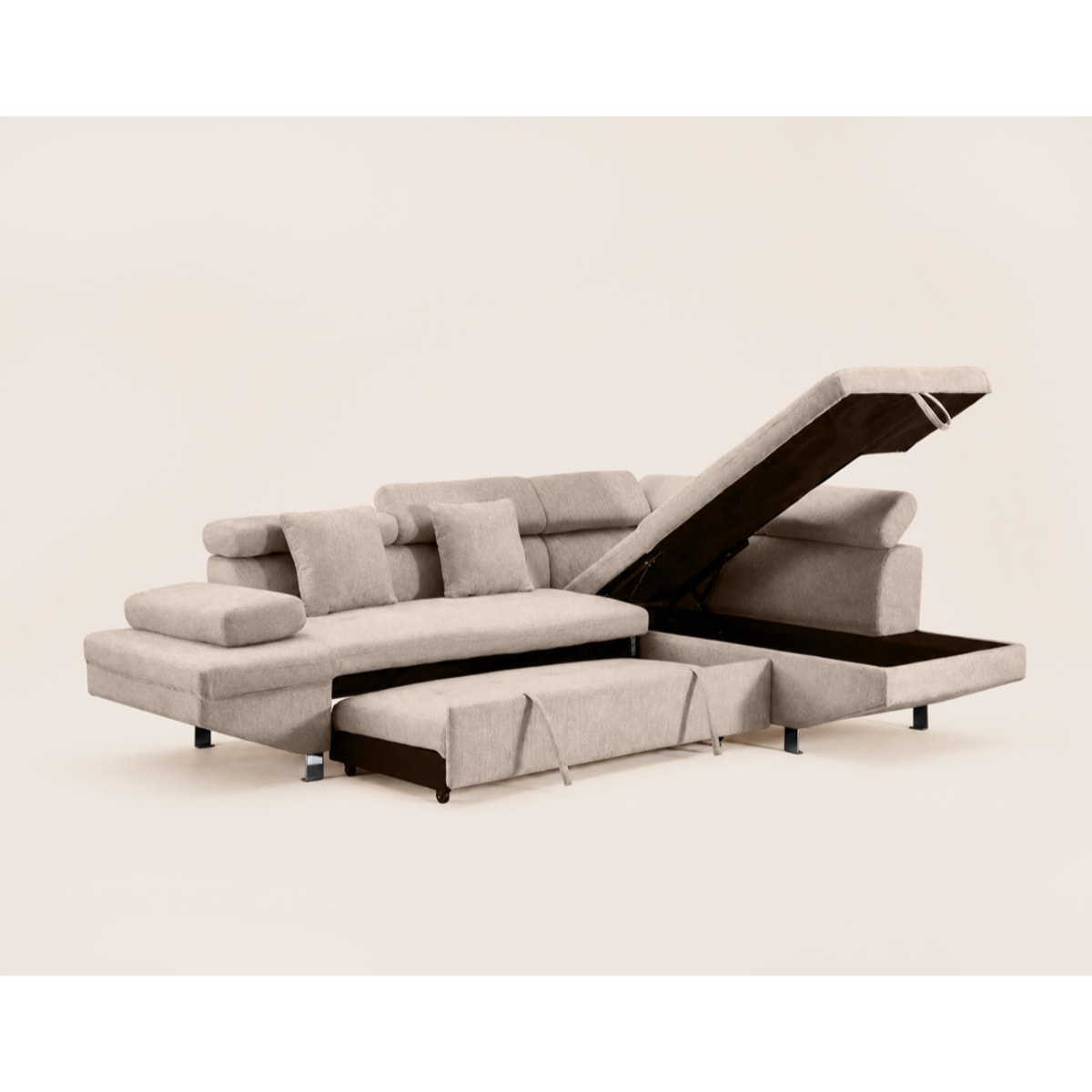 Margaux - Canapé d'angle droit 5 places convertible avec coffre et têtières réglables en velours texturé - Beige
