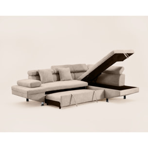 Margaux - Canapé d'angle droit 5 places convertible avec coffre et têtières réglables en velours texturé - Beige