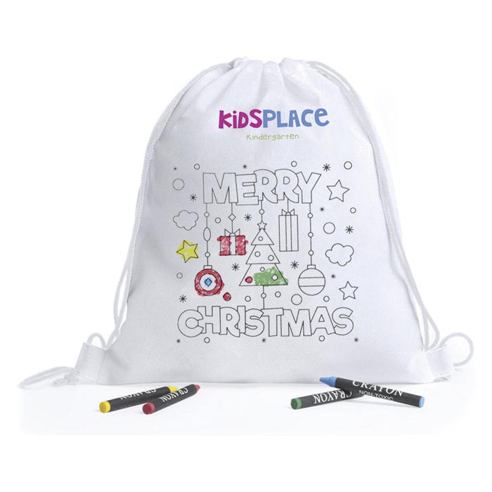 KERTRAN Mochila navideña infantil diseño Merry Christmas, para colorear con ceras. Incluye 4 ceras.