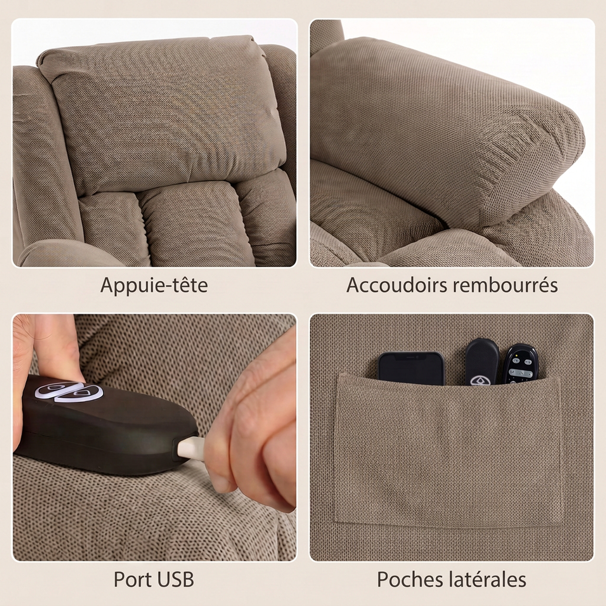 Fauteuil releveur électrique massant chauffant inclinable repose-pieds tissu café