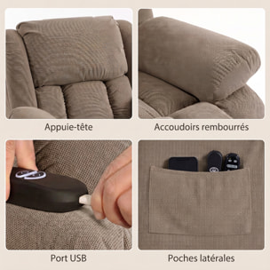 Fauteuil releveur électrique massant chauffant inclinable repose-pieds tissu café