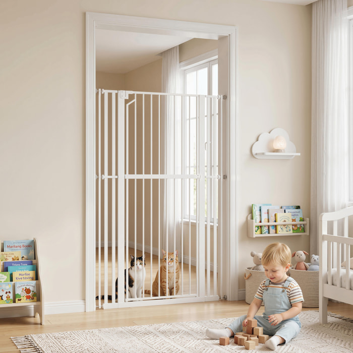 Barrera de Seguridad para Niños Perros y Gatos Extra Alta 160cm Extensible 76-105cm para Puertas Escaleras Valla para Perros Cierre Automático Montaje a Presión Abre 1 Mano 2 Extensiones Blanco