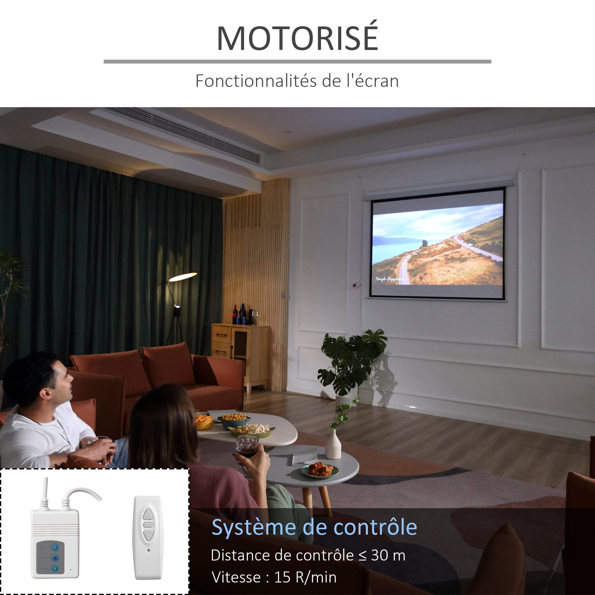 Ecran de projection motorisé home-cinéma format 4:3 84 pouces 171L x 128H cm blanc