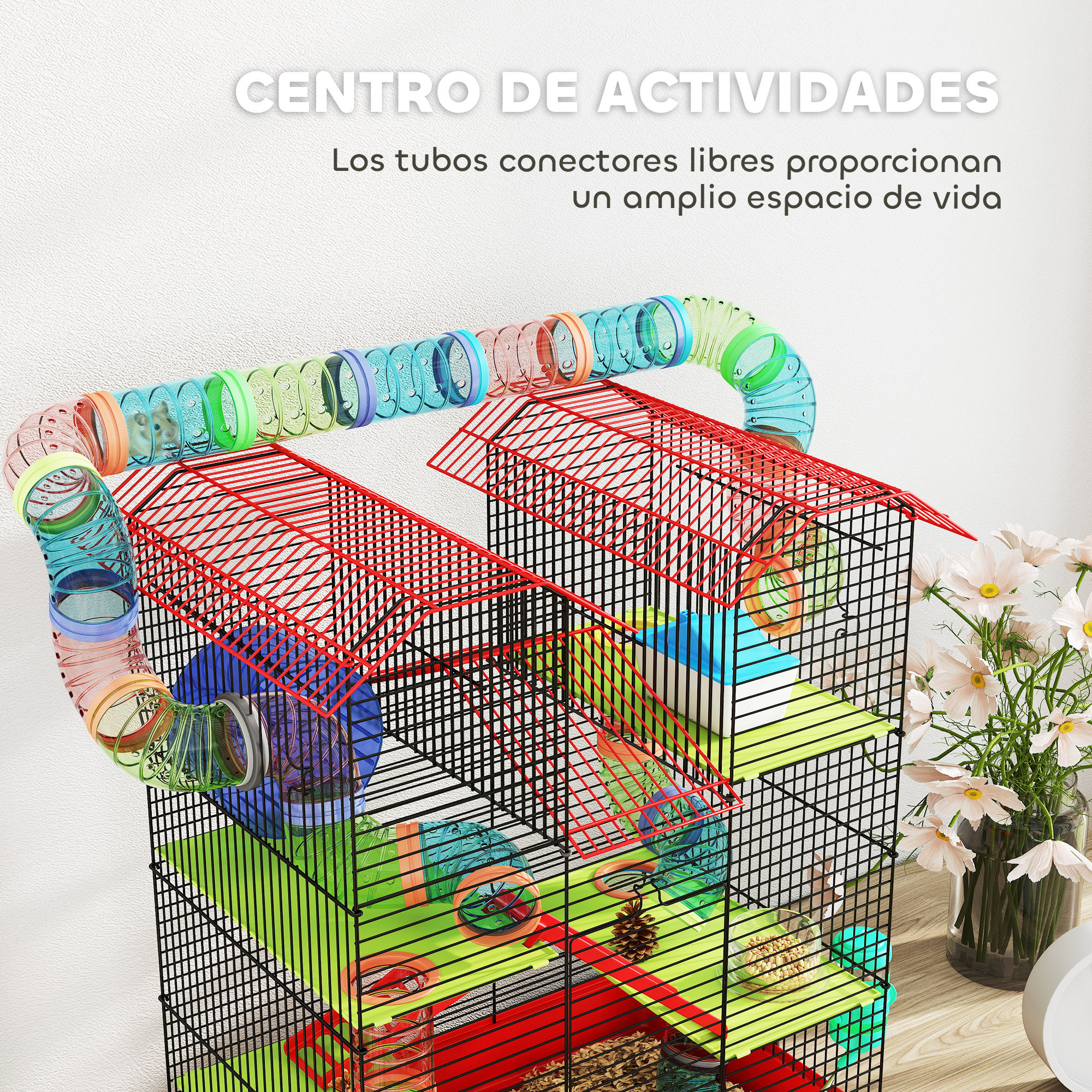 Jaula para Hámster de 5 Niveles, 47x30x59 cm, Casa para Animales Pequeños con Túnel, Comedero, Bebedero, Casita, Rueda de Ejercicio, Escaleras, para Ratas y Jerbos, Rojo