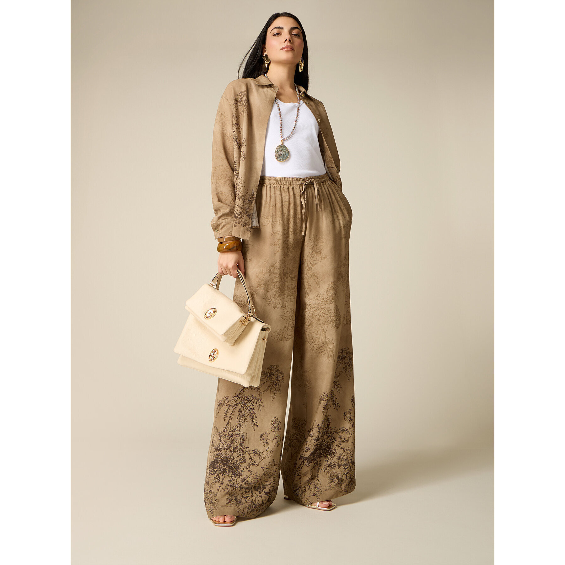 Oltre - Pantaloni palazzo in viscosa fantasia - Marrone