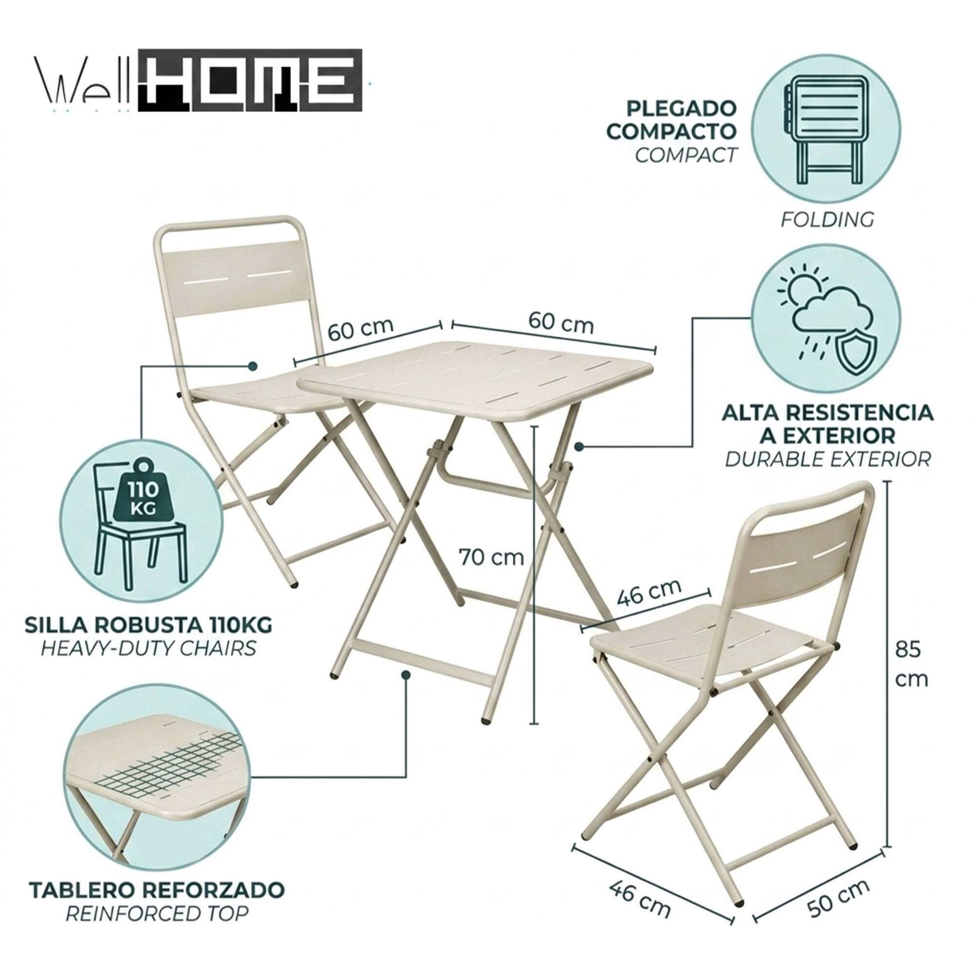 Set bistro 3pzs acero beige mate (mesa 60x60cm + 2 sillas plegables) estructura con recubrimiento en polvo-conjunto jardín, terraza y balcón