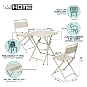 Set bistro 3pzs acero beige mate (mesa 60x60cm + 2 sillas plegables) estructura con recubrimiento en polvo-conjunto jardín, terraza y balcón