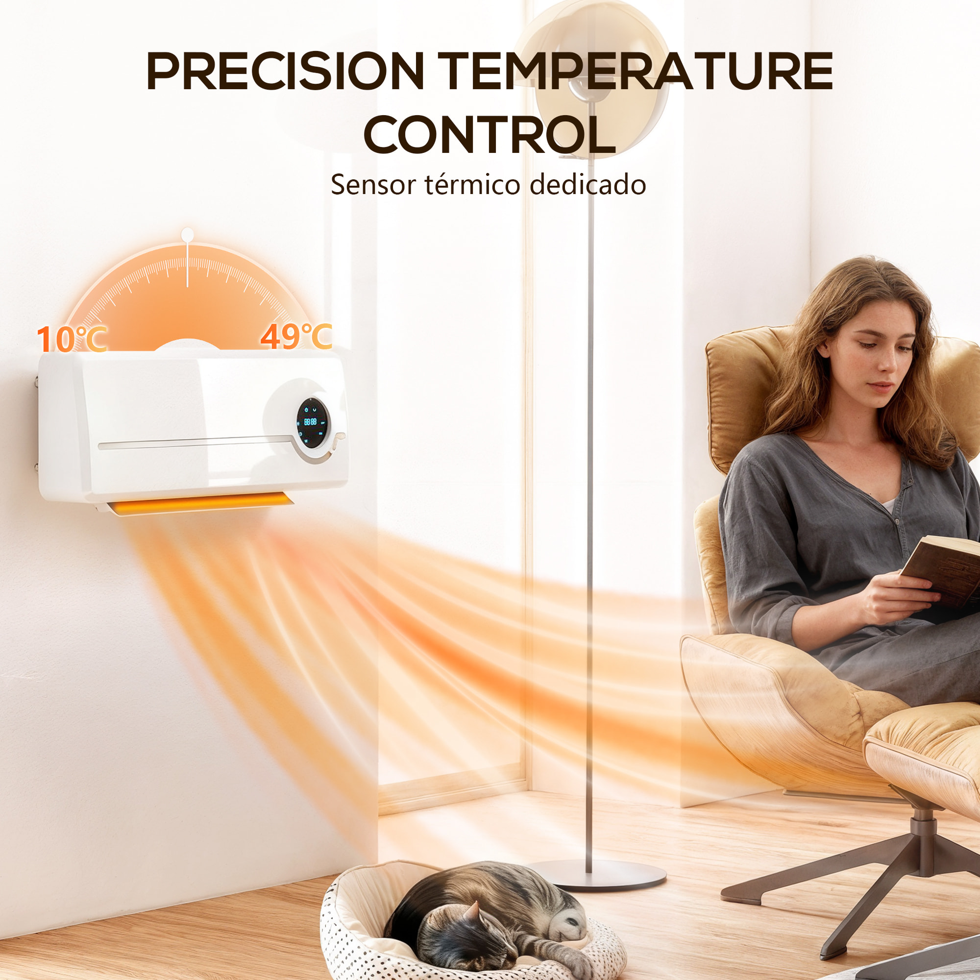 Calefactor Eléctrico Bajo Consumo Cerámico de Pared, 2000W, con 3 Modos, Pantalla LED, Termostato Regulable, Temporizador 24h, Oscilación, Mando a Distancia y Detección de Ventanas Abiertas