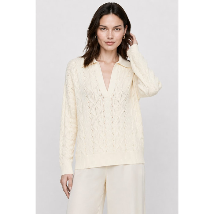 Kocca - Maglia da donna in lana a trecce con colletto e scollo a V Donna
