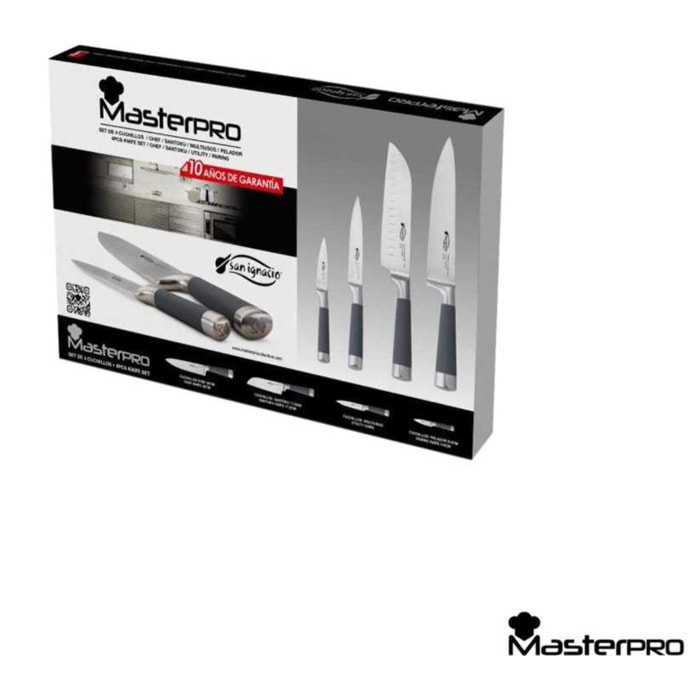 Pack de 4 cuchillos profesionales: chef, santoku, multiusos y pelador, mango silicona, balanceados