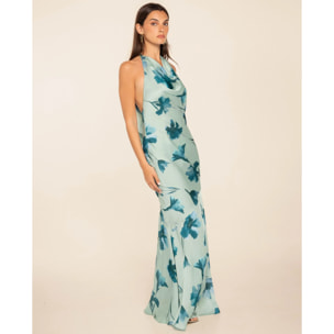 Vestido largo con escote halter y lazada