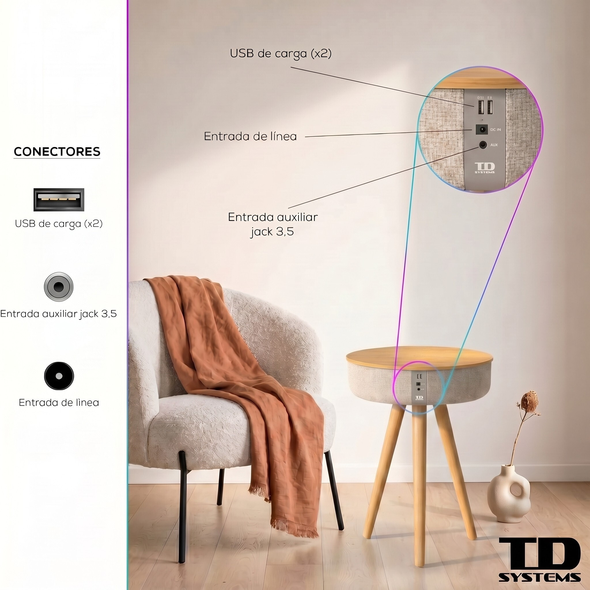 Mesa auxiliar altavoz portátil con sonido de 30W, Bluetooth, base de carga inalámbrica, batería de 2200mAh. Mesilla o mesita para dormitorio o sala de estar - TD Systems SM30B11WC [Madera cerezo]