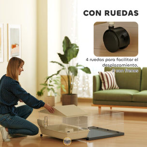 Jaula para Animales Pequeños con Corral Desmontable Jaula para Roedores con Ruedas Rampas Cuenco Botella de Agua y Dispensador de Heno 108x71x57 cm Beige
