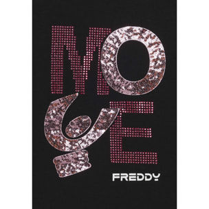 T-shirt Junior cropped con grafica in strass e paillettes