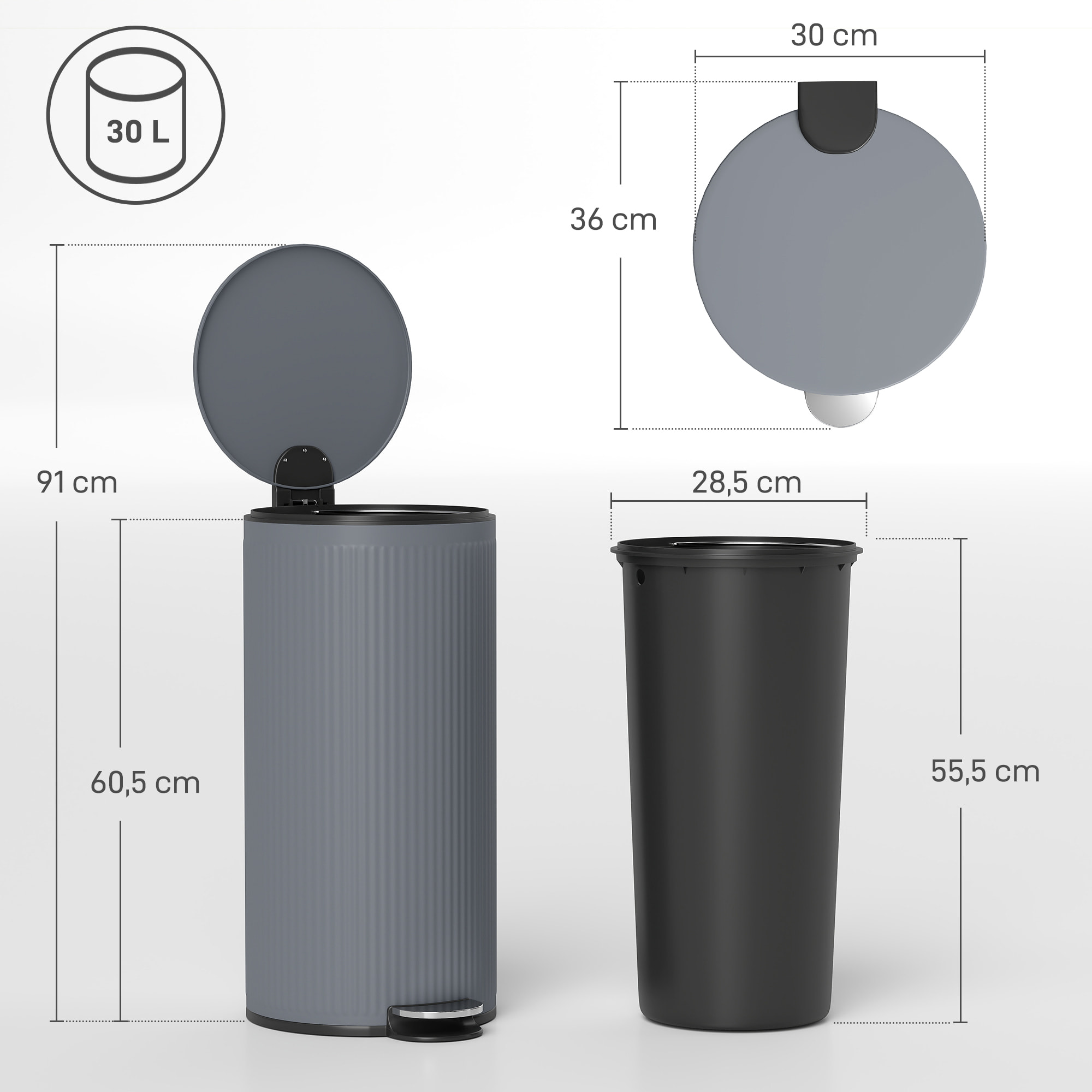 Cubo de Basura Cocina con Pedal, 30L, Papelera de Cocina Metálico con Tapa de Cierre Suave y Cubo Extraíble, para Dormitorio, Oficina, Estudio y Salón, 36x30x60,5 cm, Gris Oscuro