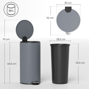Cubo de Basura Cocina con Pedal, 30L, Papelera de Cocina Metálico con Tapa de Cierre Suave y Cubo Extraíble, para Dormitorio, Oficina, Estudio y Salón, 36x30x60,5 cm, Gris Oscuro