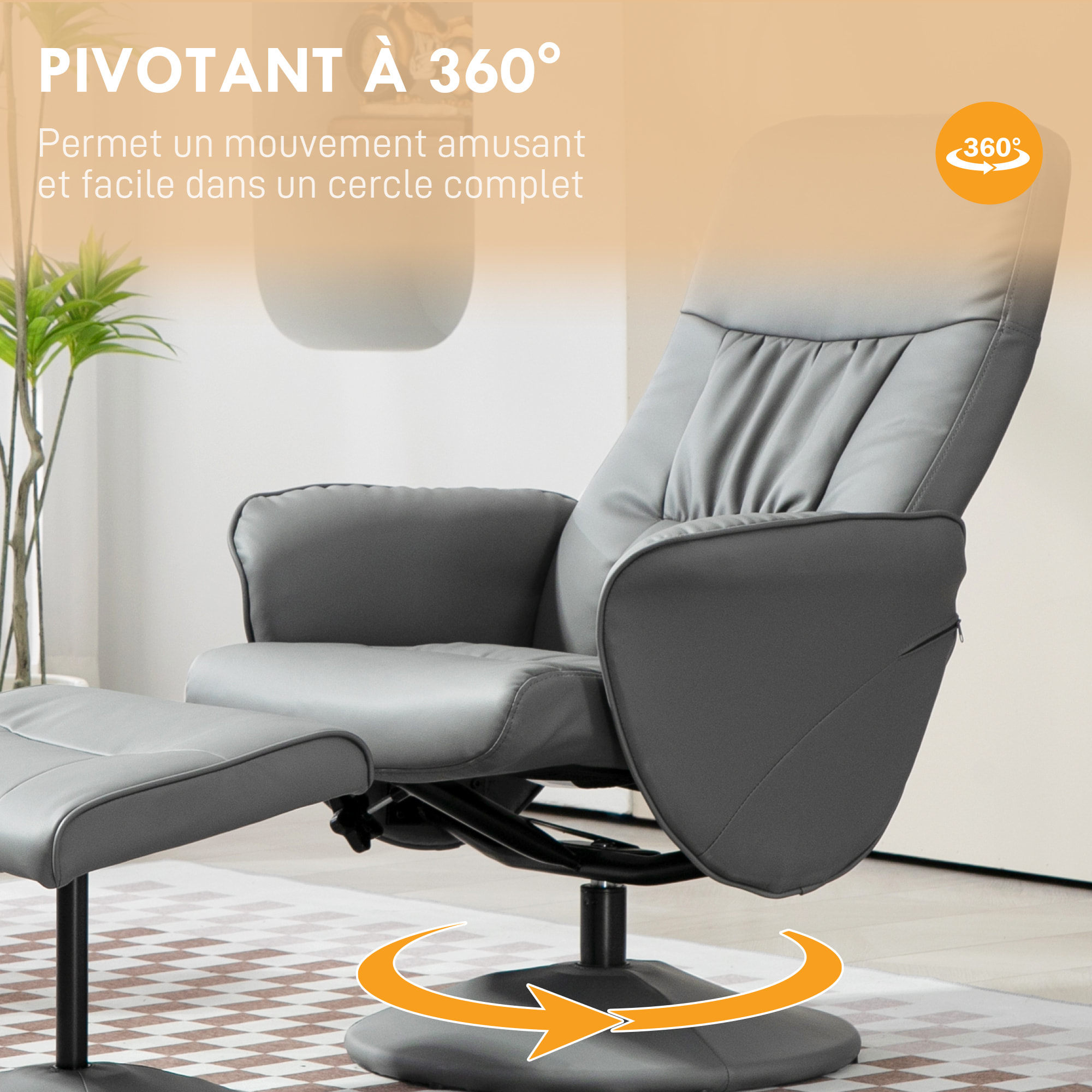 Fauteuil relax inclinable pivotant style contemporain avec repose-pied revêtement synthétique gris