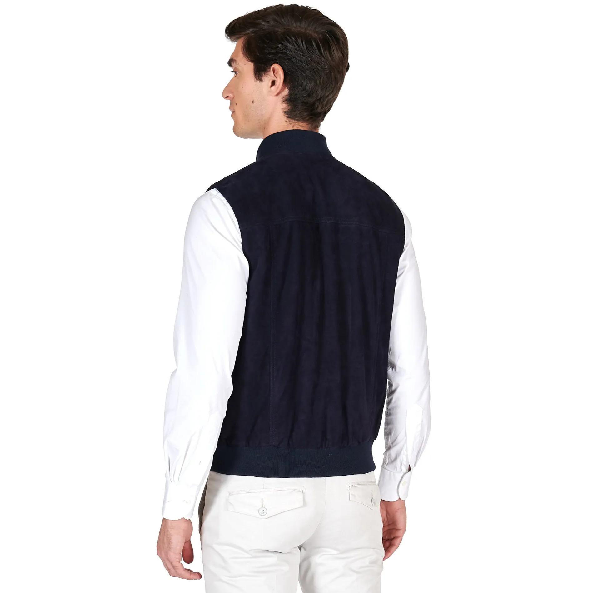 Gilet in pelle camoscio blu con bottoni