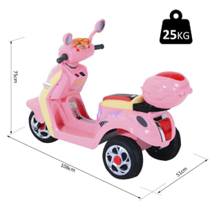 Moto scooter électrique pour enfants 6 V env. 3 Km/h 3 roues et topcase effet lumineux et sonore rose