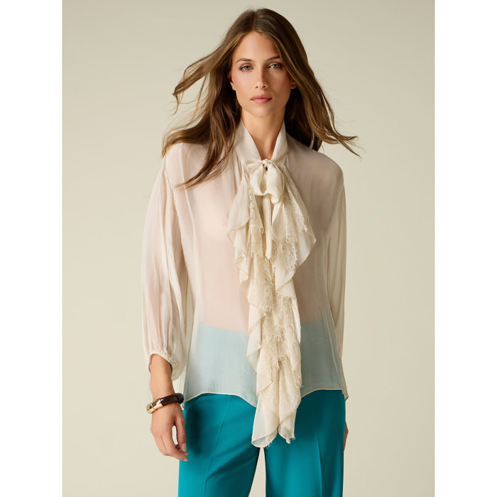 Oltre - Camicia in voile misto seta con volant - Bianco