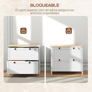 Cajonera de Oficina Mueble Archivador con 2 Cajones 2 Barras Colgantes Cerradura y 2 Llaves para Tamaño A4 para Estudio Salón 79x40x72 cm Blanco y Roble