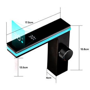 Grifo moderno para lavabo con pantalla LED, luz ambiental de 270º, funcionamiento hidroeléctrico e indicador de temperatura.